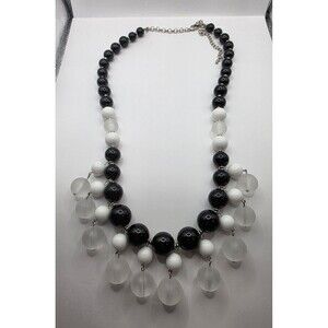 Black, White & Frosted Beaded Bib Chunky Statement Silvertone Spacers Necklace